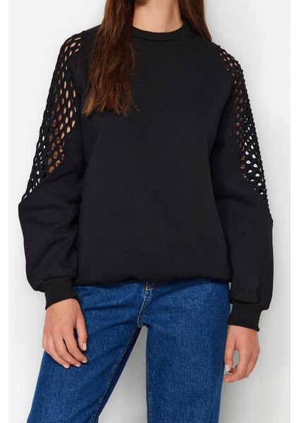 Bisiklet Yaka Düşük Kol File Detaylı Kalın Içi Polarlı Normal Kalıp Örme Sweatshirt