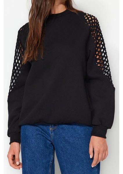 Bisiklet Yaka Düşük Kol File Detaylı Kalın Içi Polarlı Normal Kalıp Örme Sweatshirt modelleri