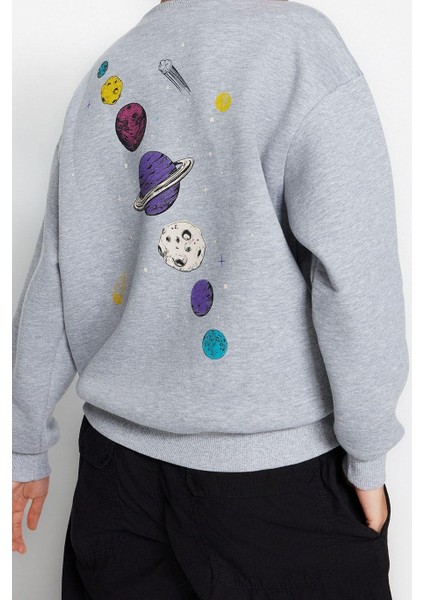 Regular Bisiklet Yaka Düşük Kol Regular Kalın Içi Polarlı Baskılı Normal Kalıp Örme Sweatshirt