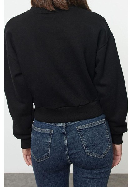 Crop Bisiklet Yaka Düşük Kol Crop Örümcek Baskılı Normal Kalıp Kalın Polarlı Örme Sweatshirt
