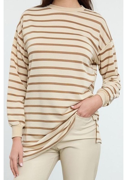 Tesettür Tarz Oversize Bisiklet Yaka Düşük Kol Regular Taş Çizgili Örme Tunik Sweatshirt