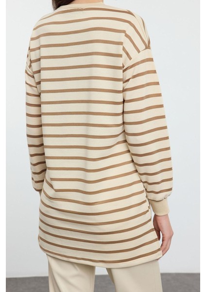 Tesettür Tarz Oversize Bisiklet Yaka Düşük Kol Regular Taş Çizgili Örme Tunik Sweatshirt modelleri