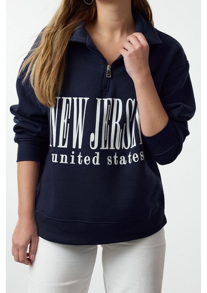 Oversize Fermuarlı Yaka Uzun Kalıp Kalın Polarlı Slogan Baskılı Fermuarlı Örme Sweatshirt