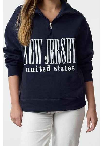 Oversize Fermuarlı Yaka Uzun Kalıp Kalın Polarlı Slogan Baskılı Fermuarlı Örme Sweatshirt fiyatları