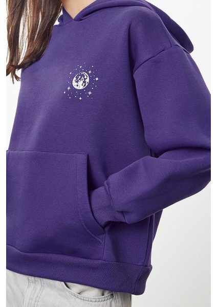 Tarz Bol Kapüşonlu Düşük Kol Uzun Baskılı Geniş Kalıp Kalın Içi Polarlı Örme Sweatshirt modelleri