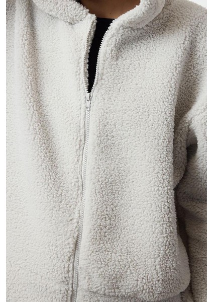 Tarz Regular Kapüşonlu Düşük Kol Regular Peluş Normal Kalıp Fermuarlı Kalın Örme Sweatshirt