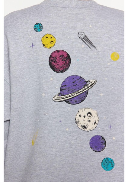 Regular Bisiklet Yaka Düşük Kol Regular Kalın Içi Polarlı Baskılı Normal Kalıp Örme Sweatshirt