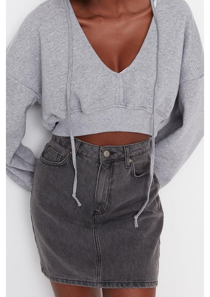 Relaxed Kapüşonlu Düşük Kol Crop Kalın Içi Polarlı V Yaka Rahat Kesim Crop Örme Sweatshirt fiyatları