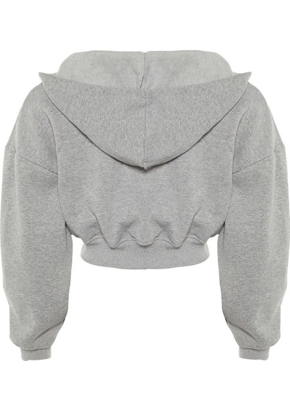 Relaxed Kapüşonlu Düşük Kol Crop Kalın Içi Polarlı V Yaka Rahat Kesim Crop Örme Sweatshirt indirimleri