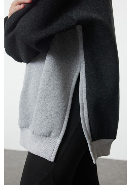 Tarz Oversize Kapüşonlu Düşük Kol Uzun Geniş Kalıp Içi Polarlı Örme Spor Sweatshirt modelleri