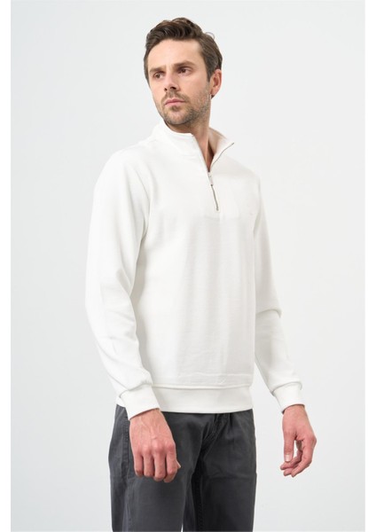 Beyaz Örme Hakim Yaka Pamuklu Casual Slim Fit Dar Kesim Sweatshirt 1013245151