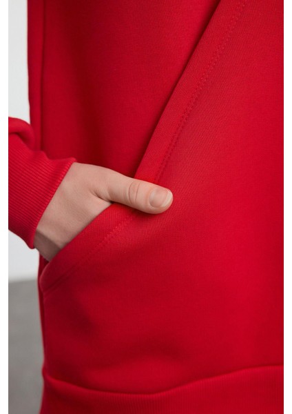 Tarz Bol Kapüşonlu Düşük Kol Uzun Kalın Içi Polarlı Geniş Kalıp Cep Detaylı Örme Sweatshirt