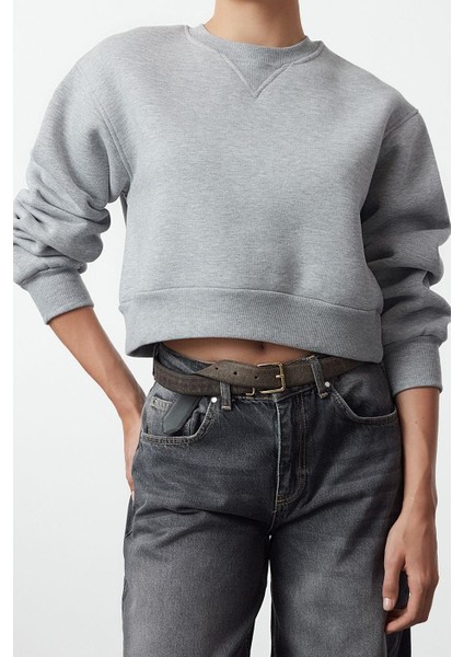 Bisiklet Yaka Düşük Kol Crop Kalın Polarlı Geniş Kalıp Crop Basic Örme Sweatshirt