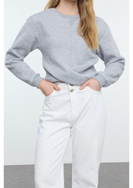 Tarz Slim Bisiklet Yaka Düşük Kol Crop Burgu Detaylı Crop Kalın Içi Polarlı Örme Sweatshirt fiyatları