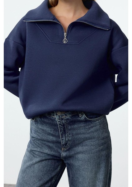 Tarz Bol Fermuarlı Yaka Düşük Kol Uzun Kalın Içi Polarlı Fermuarlı Geniş Kalıp Örme Sweatshirt