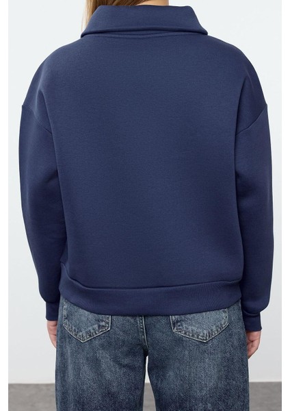 Tarz Bol Fermuarlı Yaka Düşük Kol Uzun Kalın Içi Polarlı Fermuarlı Geniş Kalıp Örme Sweatshirt
