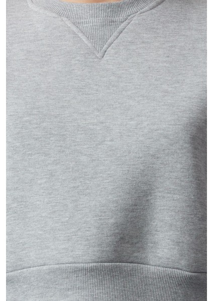 Bisiklet Yaka Düşük Kol Crop Kalın Polarlı Geniş Kalıp Crop Basic Örme Sweatshirt