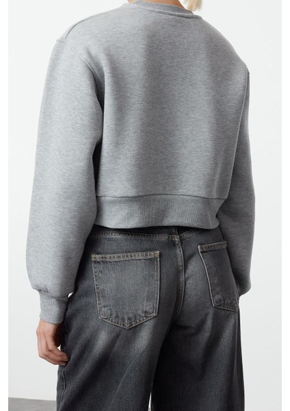 Bisiklet Yaka Düşük Kol Crop Kalın Polarlı Geniş Kalıp Crop Basic Örme Sweatshirt