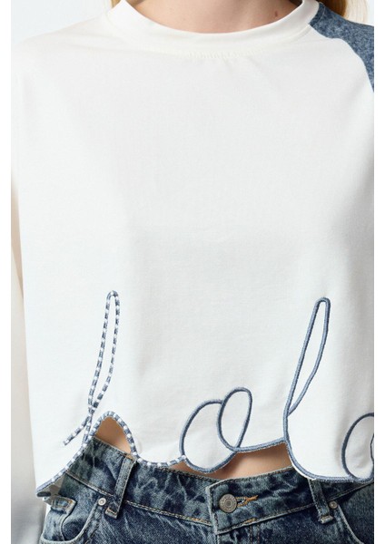 Relaxed Bisiklet Yaka Düşük Kol Crop Denim Garni ve Nakış Crop Kısa Relaxed Örme Sweatshirt