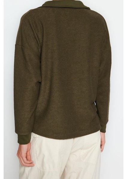 Polo Yaka Standart Kol Haki Kontrast Kumaş Cepli Polo Yaka Normal Kalıp Örme Sweatshirt indirimleri