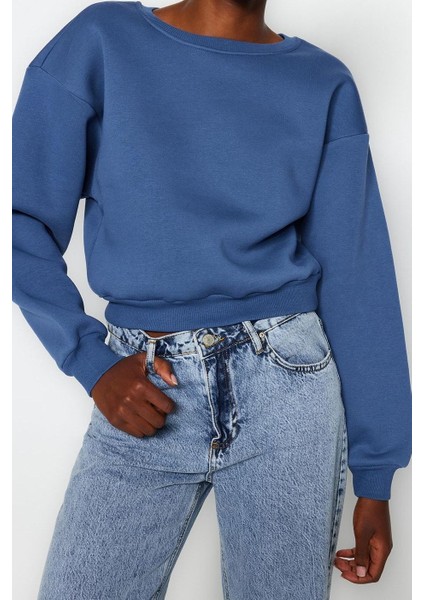 Tarz Crop Dik Yaka Düşük Kol Crop Rahat Kesim Crop Basic Kalın Içi Polarlı Örme Sweatshirt