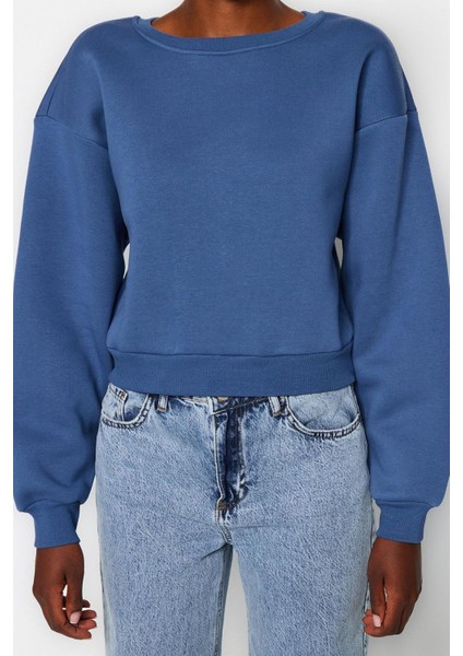Tarz Crop Dik Yaka Düşük Kol Crop Rahat Kesim Crop Basic Kalın Içi Polarlı Örme Sweatshirt
