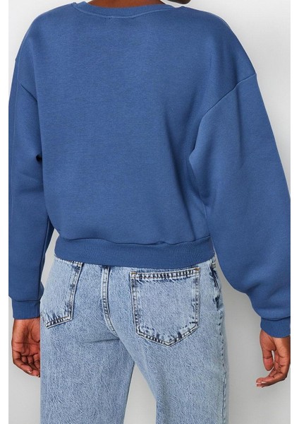 Tarz Crop Dik Yaka Düşük Kol Crop Rahat Kesim Crop Basic Kalın Içi Polarlı Örme Sweatshirt