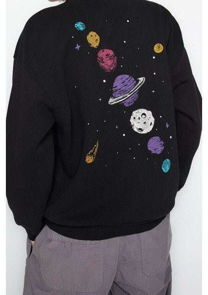 Regular Bisiklet Yaka Düşük Kol Regular Kalın Içi Polarlı Baskılı Normal Kalıp Örme Sweatshirt