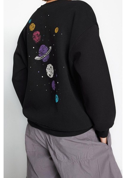 Regular Bisiklet Yaka Düşük Kol Regular Kalın Içi Polarlı Baskılı Normal Kalıp Örme Sweatshirt