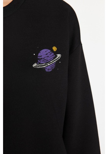 Regular Bisiklet Yaka Düşük Kol Regular Kalın Içi Polarlı Baskılı Normal Kalıp Örme Sweatshirt