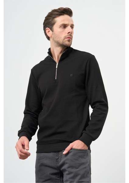 Siyah Örme Hakim Yaka Pamuklu Casual Slim Fit Dar Kesim Sweatshirt 1013245151