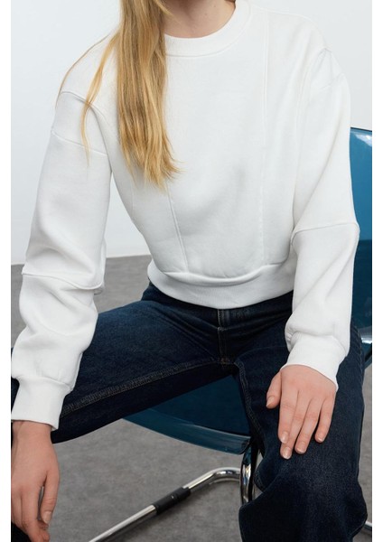 Bisiklet Yaka Düşük Kol Kalın Içi Polarlı Dikiş Detaylı Normal Kalıp Örme Sweatshirt fiyatları
