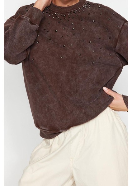 Regular Bisiklet Yaka Düşük Kol Regular Eskitme Kalın Polarlı Inci Detaylı Örme Sweatshirt