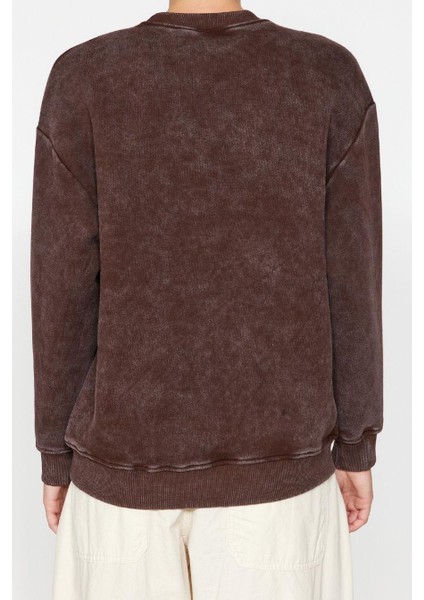 Regular Bisiklet Yaka Düşük Kol Regular Eskitme Kalın Polarlı Inci Detaylı Örme Sweatshirt indirimleri