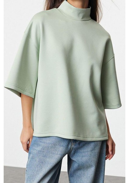 Tarz Oversize Dik Yaka Düşük Kol Uzun Geniş Kalıp Truvakar Kol Örme Sweatshirt fiyatları