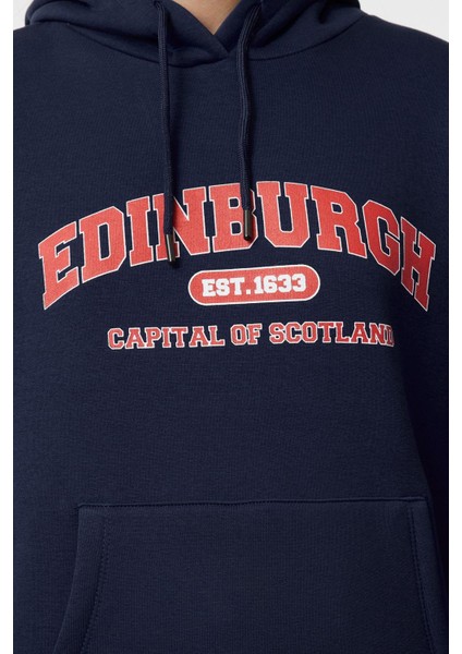 Oversize Kapüşonlu Standart Kol Standart Kalın Polarlı Baskılı Geniş Kalıp Örme Sweatshirt
