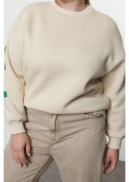 Büyük Beden Oversize Bisiklet Yaka Düşük Kol Genilş Kalıp Sırtı Baskılı Polar Kalın Sweatshirt