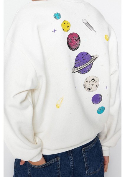 Regular Bisiklet Yaka Düşük Kol Regular Kalın Içi Polarlı Baskılı Normal Kalıp Örme Sweatshirt
