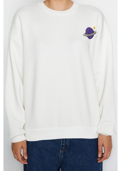 Regular Bisiklet Yaka Düşük Kol Regular Kalın Içi Polarlı Baskılı Normal Kalıp Örme Sweatshirt fiyatları