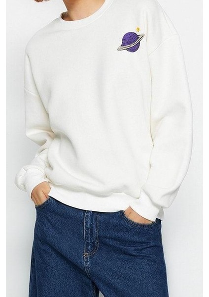 Regular Bisiklet Yaka Düşük Kol Regular Kalın Içi Polarlı Baskılı Normal Kalıp Örme Sweatshirt indirimleri