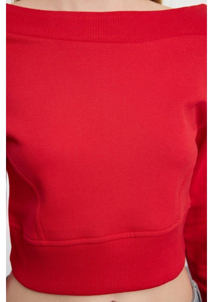 Tarz Crop Madonna Yaka Düşük Kol Crop Kayık Yaka Crop Normal Kalıp Örme Sweatshirt modelleri