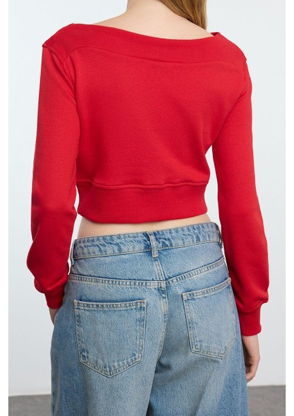 Tarz Crop Madonna Yaka Düşük Kol Crop Kayık Yaka Crop Normal Kalıp Örme Sweatshirt fırsatları