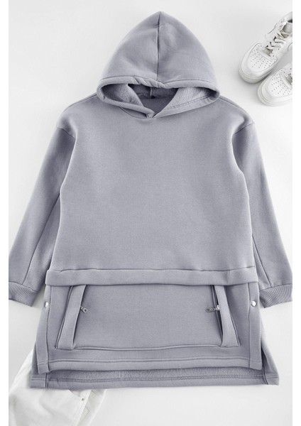 Tesettür Tarz Regular Kapüşonlu Düşük Kol Uzun Cep Detaylı Örme Sweatshirt