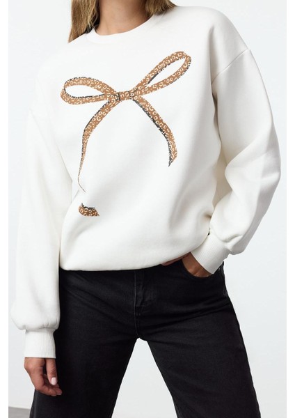 Tarz Bol Bisiklet Yaka Düşük Kol Uzun Baskılı Geniş Kalıp Kalın Içi Polarlı Örme Sweatshirt