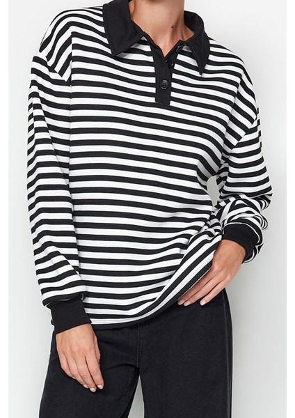 Tarz Oversize Polo Yaka Düşük Kol Regular Çizgili Polo Yaka Kalın Içi Polarlı Örme Sweatshirt fiyatları