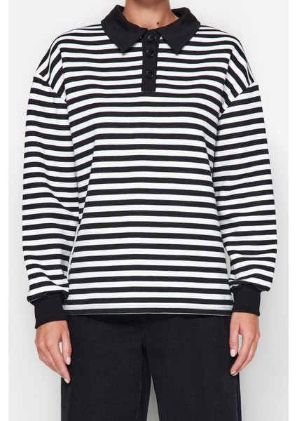 Tarz Oversize Polo Yaka Düşük Kol Regular Çizgili Polo Yaka Kalın Içi Polarlı Örme Sweatshirt modelleri