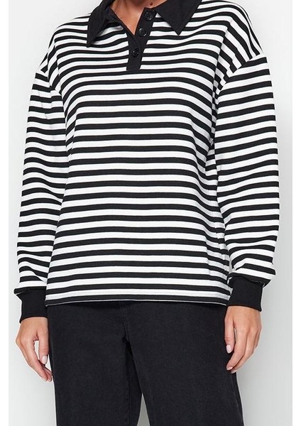 Tarz Oversize Polo Yaka Düşük Kol Regular Çizgili Polo Yaka Kalın Içi Polarlı Örme Sweatshirt fırsatları