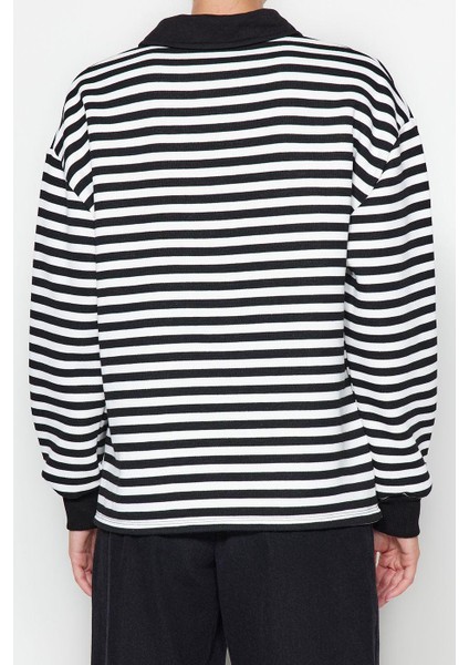Tarz Oversize Polo Yaka Düşük Kol Regular Çizgili Polo Yaka Kalın Içi Polarlı Örme Sweatshirt indirimleri