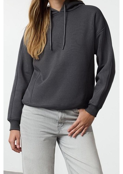 Tarz Oversize Kapüşonlu Düşük Kol Uzun Kalıp Kalın Içi Polarlı Örme Sweatshirt