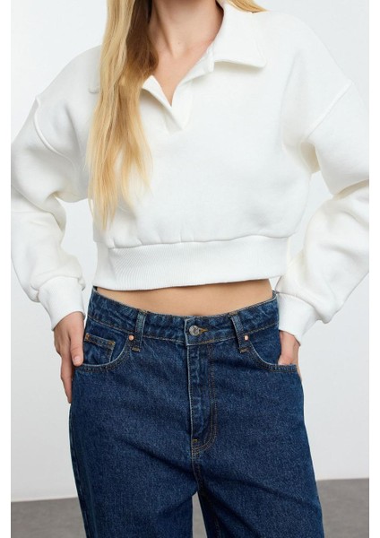 Tarz Oversize Polo Yaka Düşük Kol Uzun Rahat Kalıp Polo Yaka Kalın Içi Polarlı Örme Sweatshirt